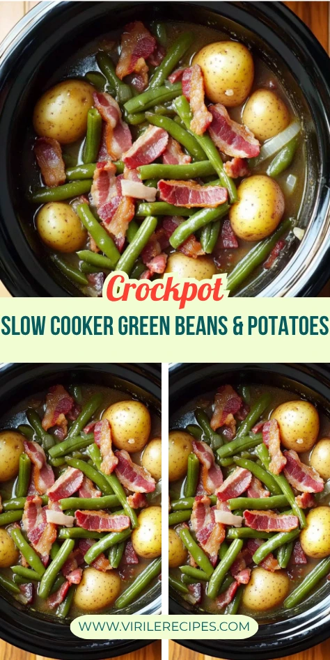 Crockpot green beans and potatoes with bacon shown in a three-panel vertical collage for virilerecipes.com