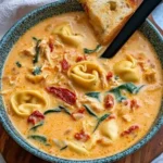 Bowl of Marry Me Chicken Soup with tortellini, spinach, sun-dried tomatoes, and toasted bread on a wooden board