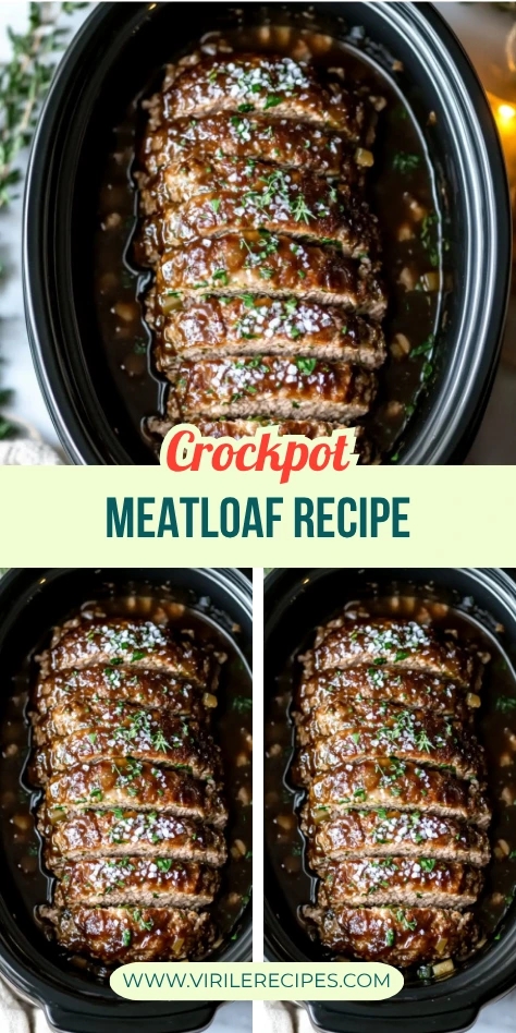 Crockpot meatloaf recipe collage showing three juicy sliced meatloaf images in a slow cooker