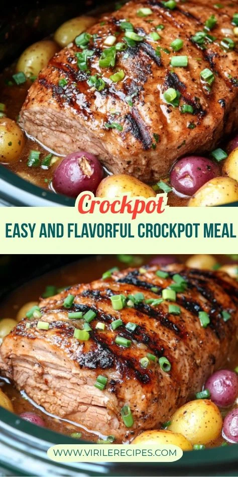 Two-in-one crockpot pork roast image featuring grilled meat, colorful potatoes, and rich broth