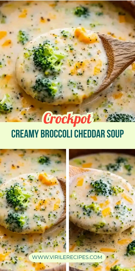 Close-up of Crockpot creamy broccoli cheddar soup with vibrant broccoli, cheddar cheese, and a rustic wooden spoon. The soup is creamy and comforting, served in a warm bowl.