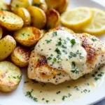 Creamy lemon chicken breast with pan-seared crust, topped with lemon garlic sauce, served with golden roasted potatoes and lemon slices.