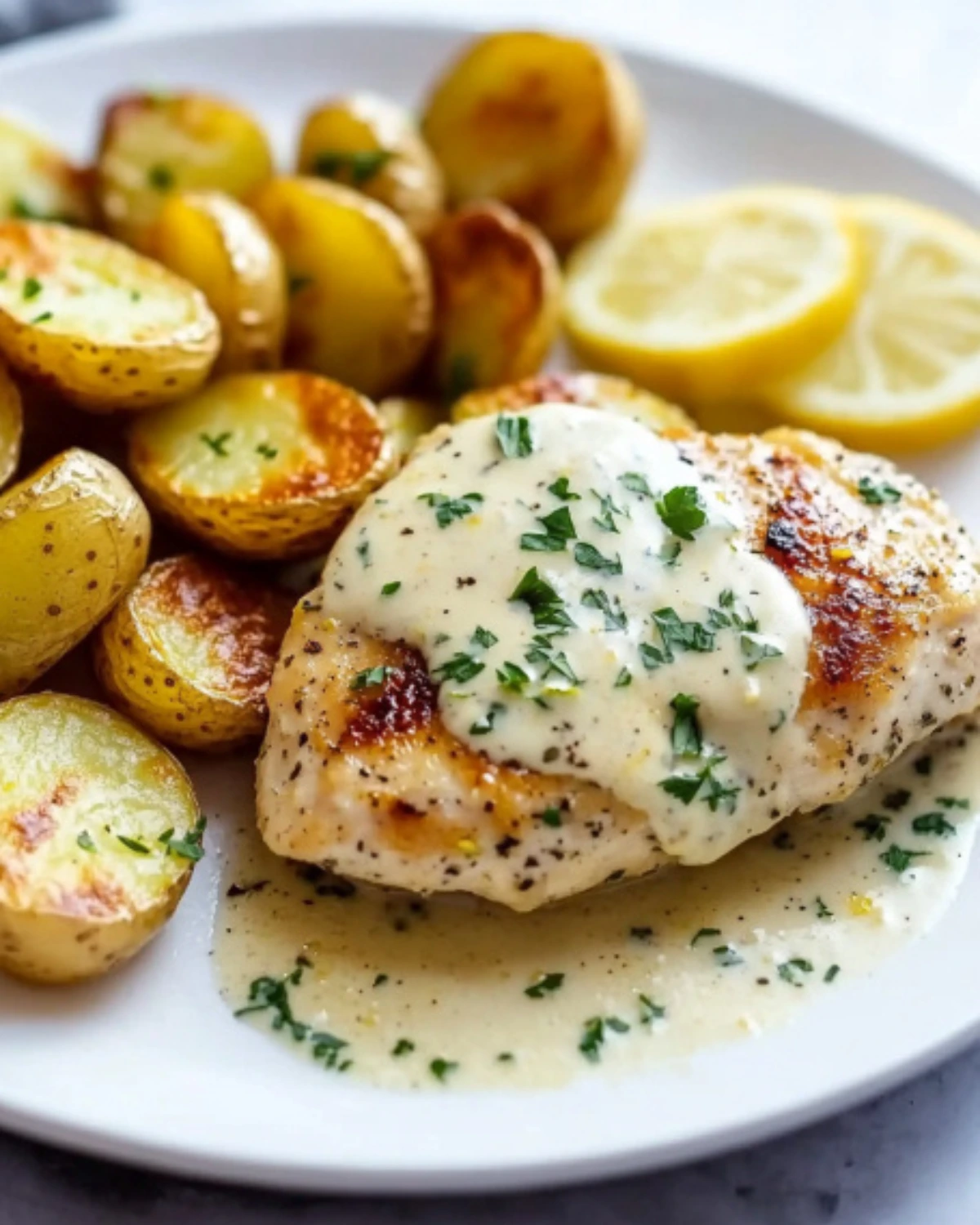 Creamy lemon chicken breast with pan-seared crust, topped with lemon garlic sauce, served with golden roasted potatoes and lemon slices.