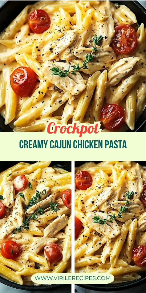 Crockpot creamy Cajun chicken pasta with cherry tomatoes in black skillet