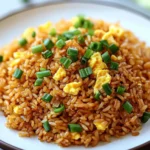 Close-up of homemade egg fried rice topped with chopped green onions on a white plate