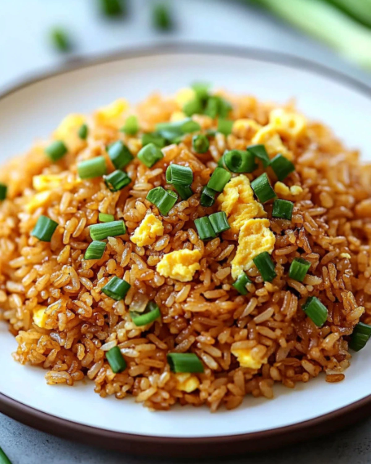 Close-up of homemade egg fried rice topped with chopped green onions on a white plate
