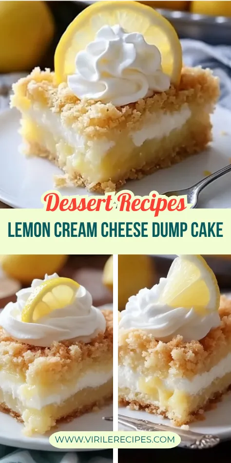 Multiple views of lemon cream cheese dump cake slices with whipped cream and lemon slices, arranged in a recipe promo collage.