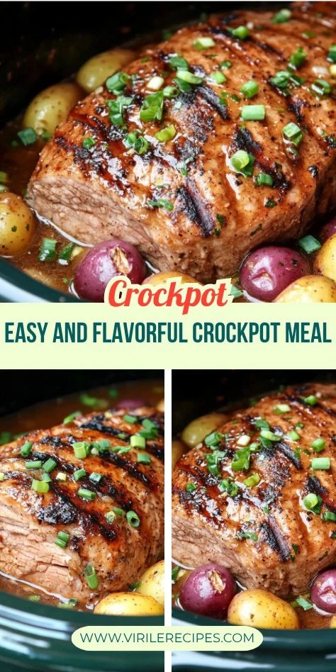 Easy and flavorful crockpot pork roast collage with potatoes and green onion garnish