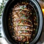 Overhead shot of juicy crockpot meatloaf sliced in a black slow cooker with herbs and rich gravy