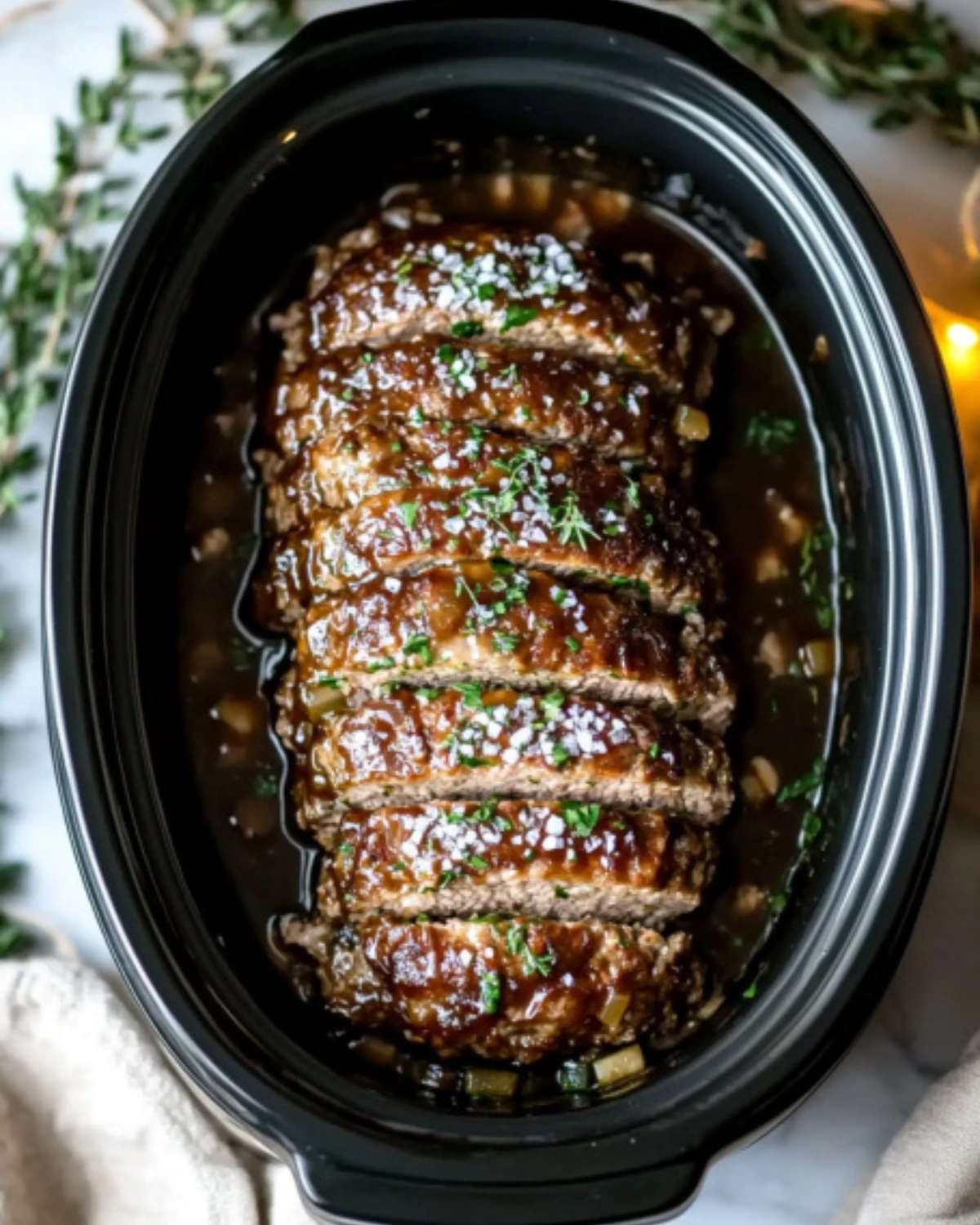 Overhead shot of juicy crockpot meatloaf sliced in a black slow cooker with herbs and rich gravy