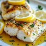 Close-up of lemon butter baked cod fillet topped with lemon slices and fresh parsley, served with buttery citrus sauce on a white plate
