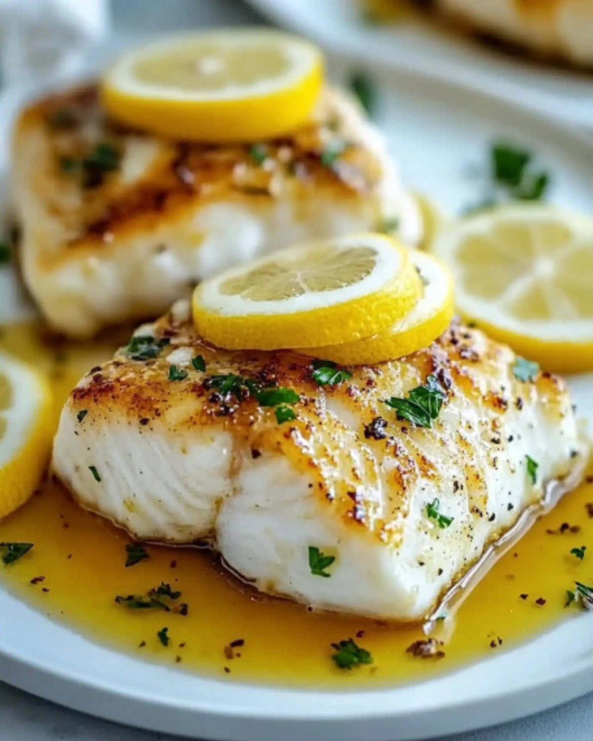 Close-up of lemon butter baked cod fillet topped with lemon slices and fresh parsley, served with buttery citrus sauce on a white plate