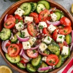 Top-down view of Mediterranean salad with cucumbers, cherry tomatoes, feta cheese cubes, kalamata olives, and red onion in a wooden bowl