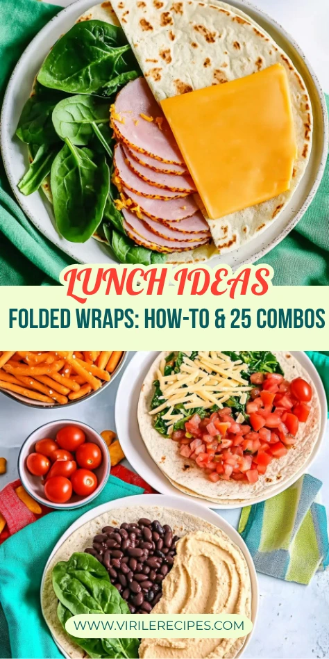 A close-up of a folded wrap with ham, cheddar cheese, spinach, and pretzels served with a side of carrots.