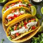 Crispy ground turkey tacos with guacamole, sour cream, and pico de gallo in hard corn shells
