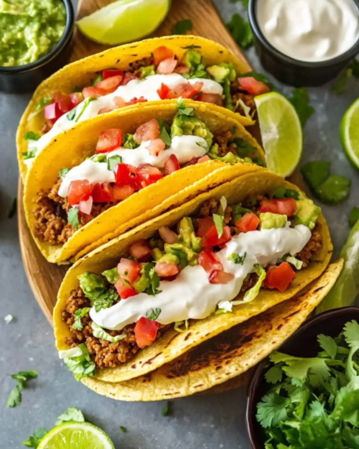 Crispy ground turkey tacos with guacamole, sour cream, and pico de gallo in hard corn shells