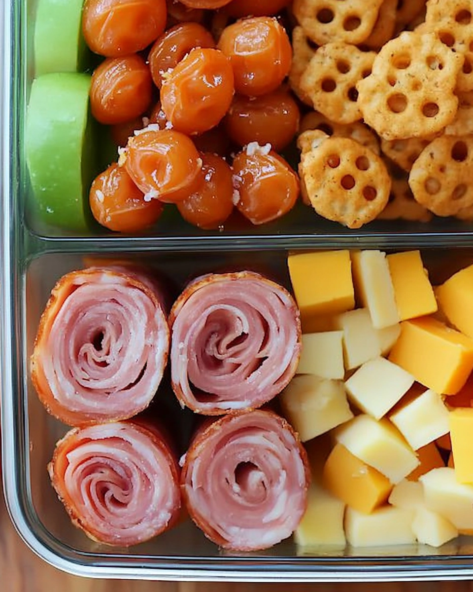 A healthy and visually appealing lunchbox with deli ham slices, cheese cubes, grapes, pretzel crisps, and snap peas in a clear glass container.