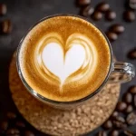 A glass cup of latte with a heart-shaped latte art on top, placed on a cork coaster with scattered coffee beans around.