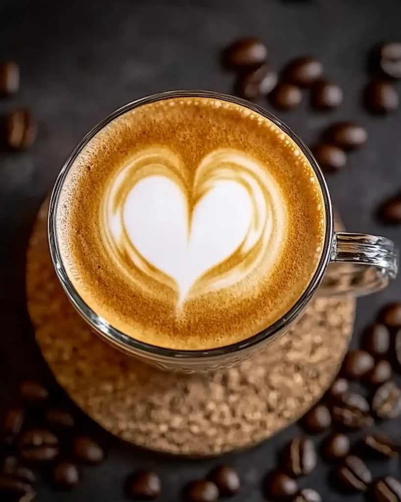 A glass cup of latte with a heart-shaped latte art on top, placed on a cork coaster with scattered coffee beans around.
