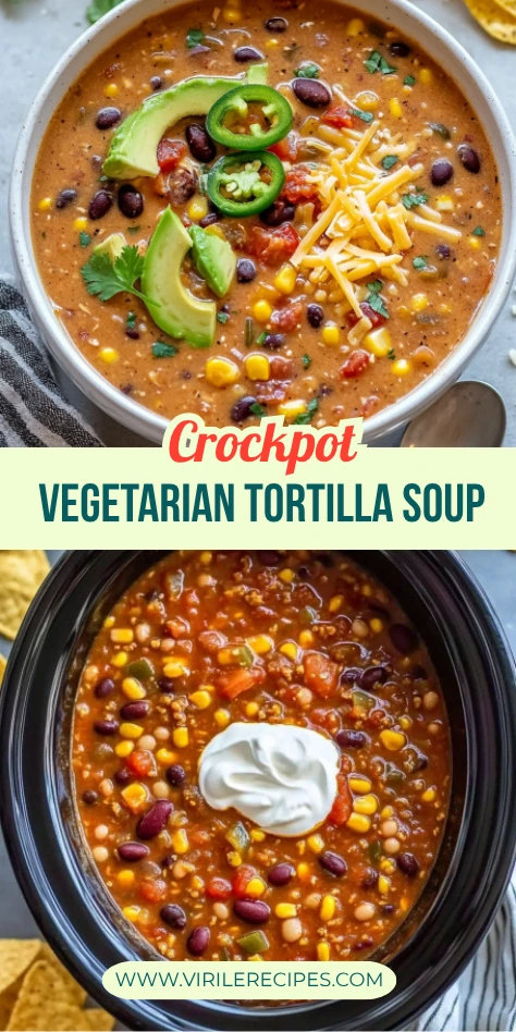 Hearty vegetarian tortilla soup in a crockpot and a bowl, both topped and styled with Tex-Mex flavors for Pinterest sharing.