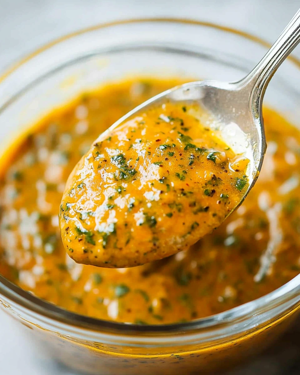 Close-up of vibrant yellow-orange marinade with herbs on a spoon in a clear glass bowl.
