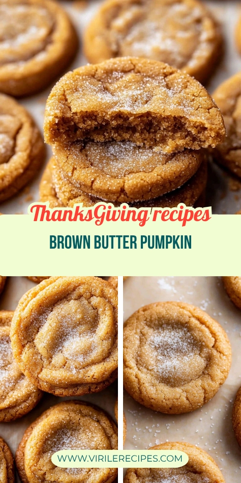 Brown butter pumpkin cookies with a golden-brown sugar coating, one broken in half to show soft, chewy interior.