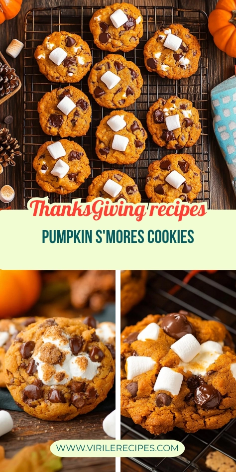 Pumpkin s’mores cookies topped with mini marshmallows and chocolate chunks on a cooling rack with fall decor and pinecones.