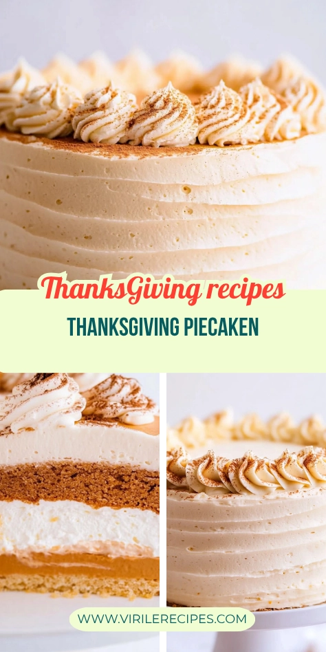 Thanksgiving Piecaken featuring layers of cake, pumpkin pie filling, and whipped cream with cinnamon-spiced frosting.