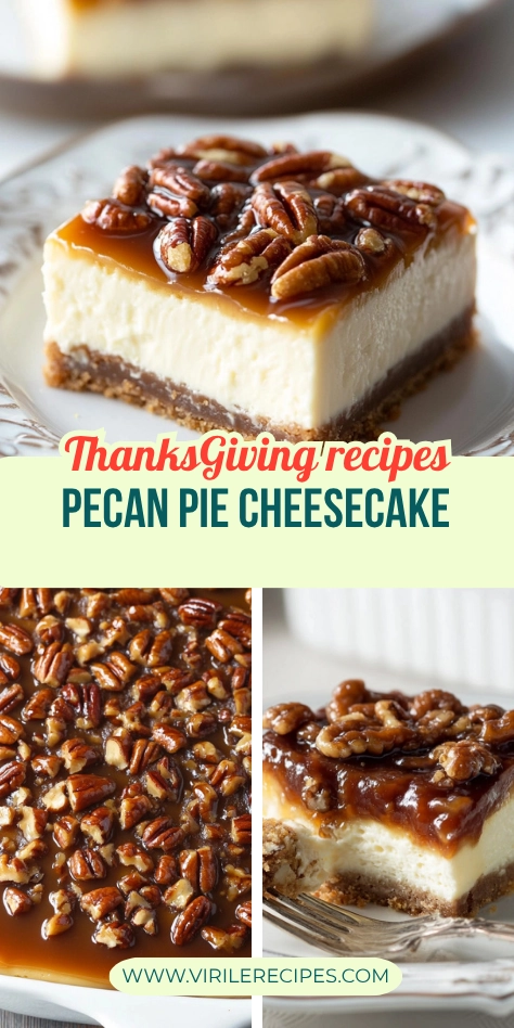 A slice of pecan pie cheesecake topped with a glossy caramel sauce and crunchy pecans, displayed on a delicate plate.