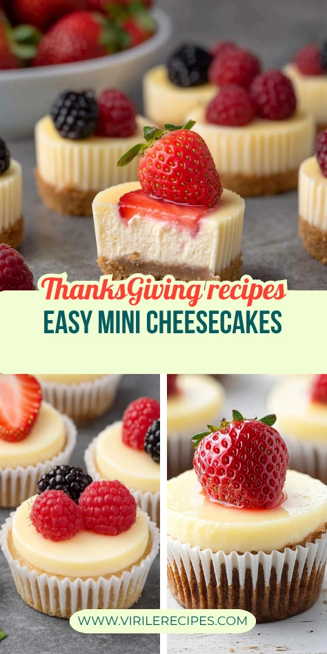 Easy Mini Cheesecakes – Perfect Thanksgiving Dessert Recipe Thanksgiving-themed collage of mini cheesecakes topped with berries, with text overlay for easy cheesecake recipe