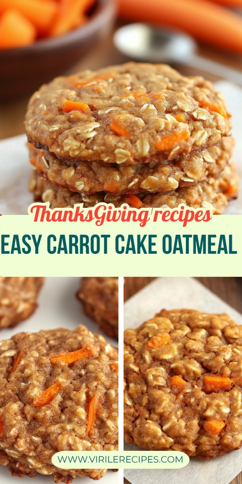 Collage of easy carrot cake oatmeal cookies for Thanksgiving, featuring stacked and close-up views with visible oats and carrots.