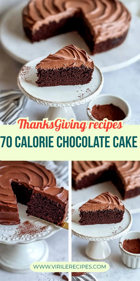 Low-calorie chocolate cake slice with rich frosting shown in various serving styles on a white stand and ceramic bowl