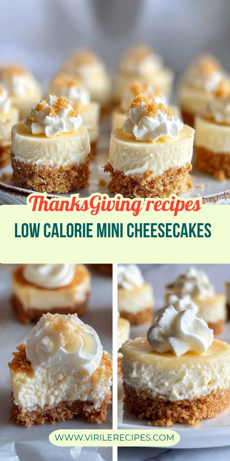 Low calorie mini cheesecakes with whipped cream and graham cracker crusts, perfect for Thanksgiving dessert.