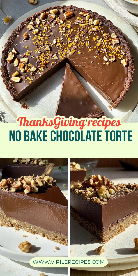 Collage showing a no bake chocolate torte with bee pollen and nut toppings, including a full top view and two close-up slice views on plates.