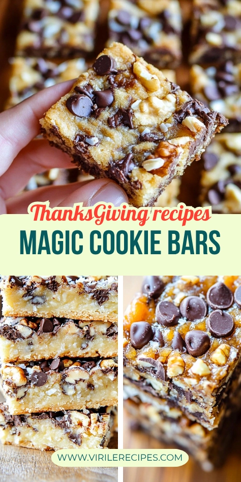 Thanksgiving-themed collage of magic cookie bars with chocolate chips, coconut, and walnuts.