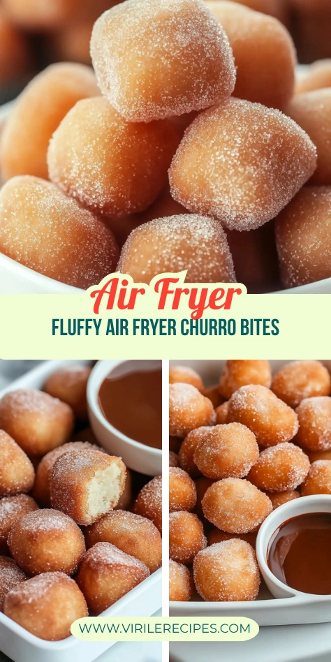 Golden, fluffy air fryer churro bites coated in sugar, served alongside a bowl of rich chocolate dipping sauce.