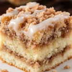 Close-up of a slice of coffee cake with cinnamon streusel topping and icing drizzle, showing soft, fluffy layers and a cinnamon swirl inside.