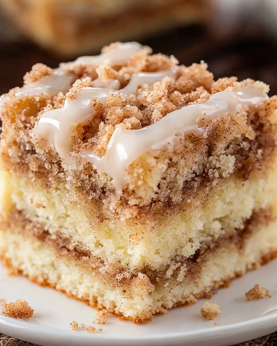 Close-up of a slice of coffee cake with cinnamon streusel topping and icing drizzle, showing soft, fluffy layers and a cinnamon swirl inside.