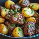 Garlic butter beef bites with golden baby potatoes in a black bowl, topped with fresh parsley.