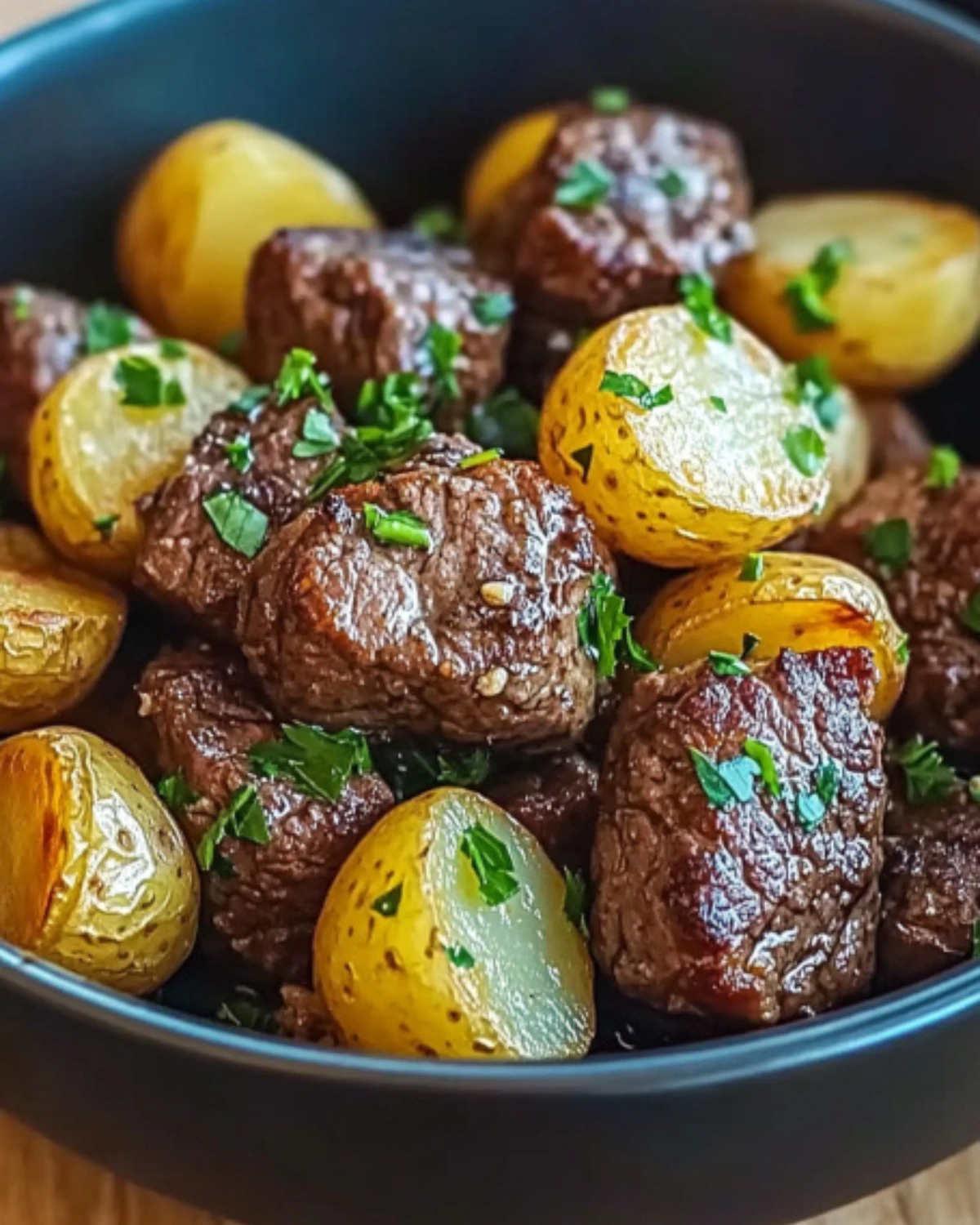 Garlic butter beef bites with golden baby potatoes in a black bowl, topped with fresh parsley.