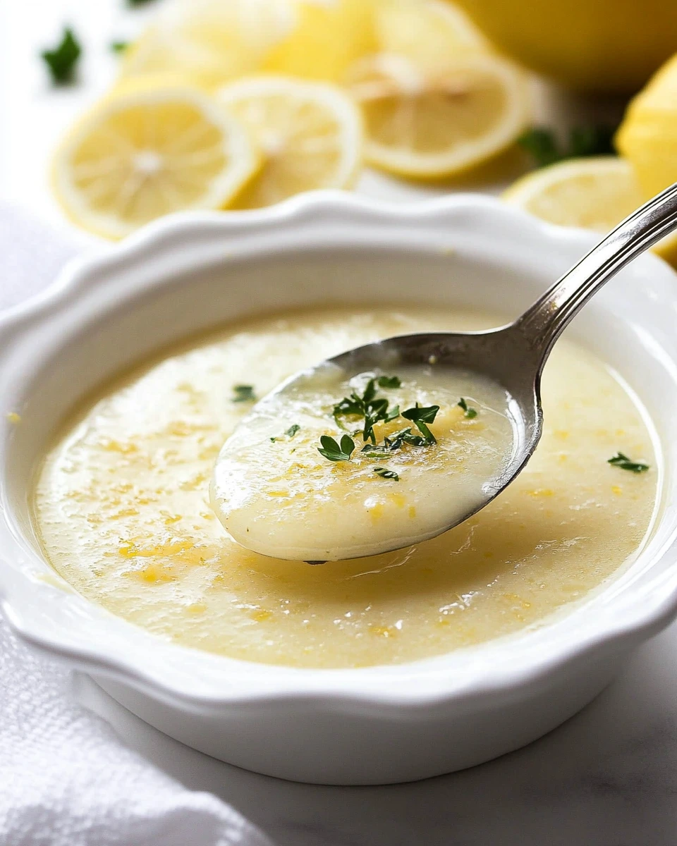 A close-up of creamy lemon garlic butter sauce in a white dish with a spoon, garnished with fresh parsley and surrounded by lemon slices.
