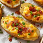 Close-up of loaded baked potato skins with creamy mashed potato filling, melted cheddar cheese, crispy bacon, and fresh green onions.