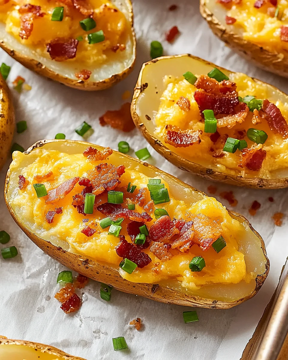 Close-up of loaded baked potato skins with creamy mashed potato filling, melted cheddar cheese, crispy bacon, and fresh green onions.