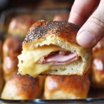 Hand holding a warm ham and cheese sandwich roll with melted cheese, poppy seeds on top, golden-brown crust, and tender ham filling.