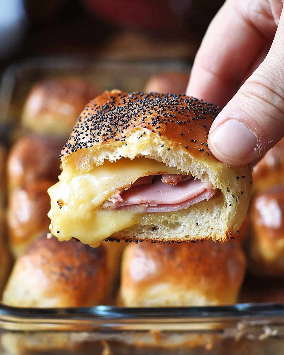 Hand holding a warm ham and cheese sandwich roll with melted cheese, poppy seeds on top, golden-brown crust, and tender ham filling.