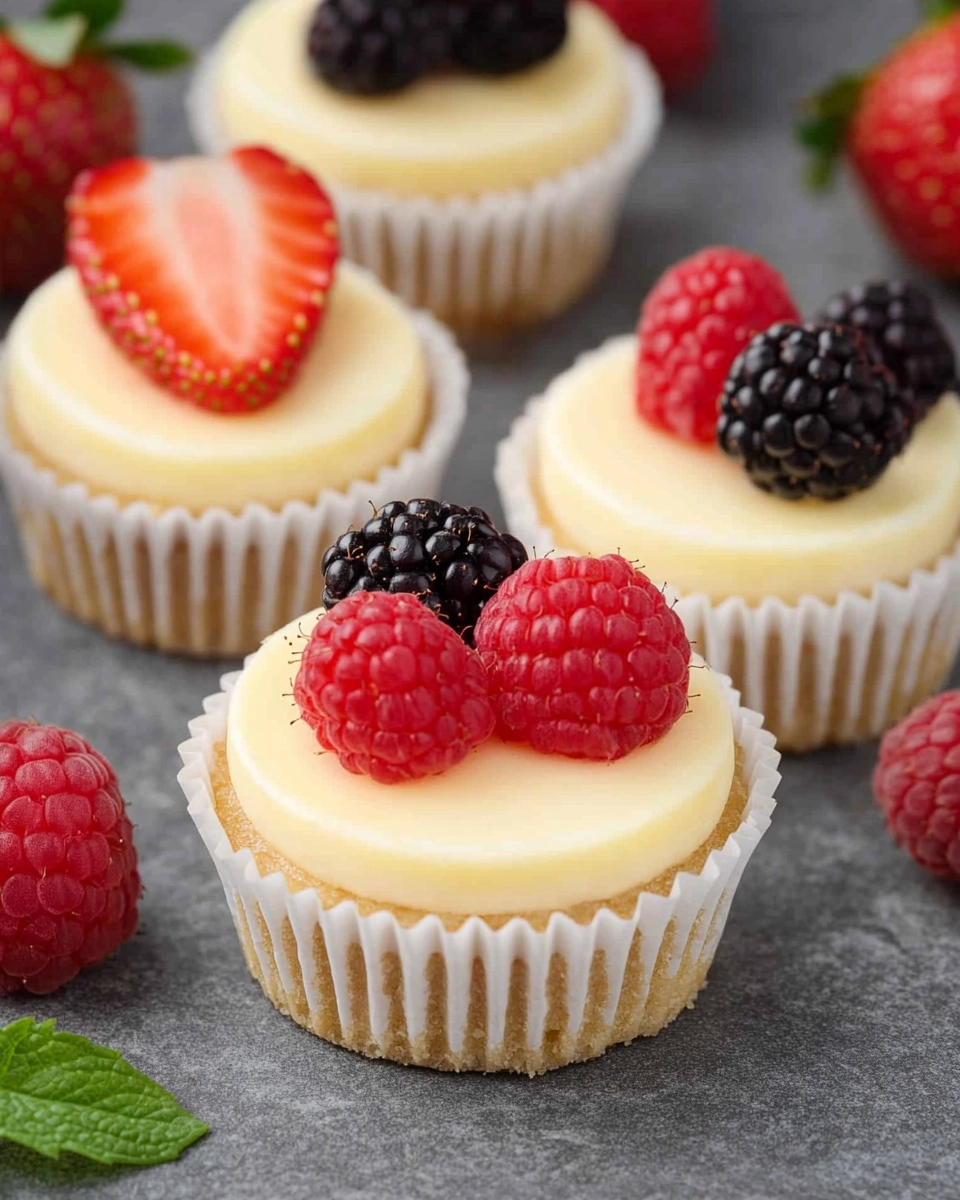 Mini cheesecakes topped with fresh strawberries, raspberries, and blackberries on a gray stone background