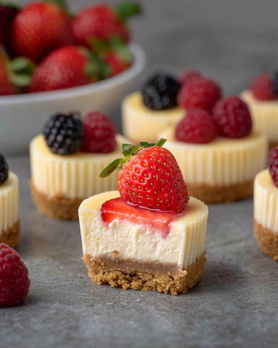 Close-up of a mini cheesecake with a bite taken out, topped with a fresh strawberry and surrounded by berry-topped cheesecakes