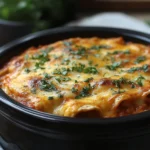 Cheesy casserole in a slow cooker with melted cheese, fresh herbs, and layers of tortillas and red sauce.