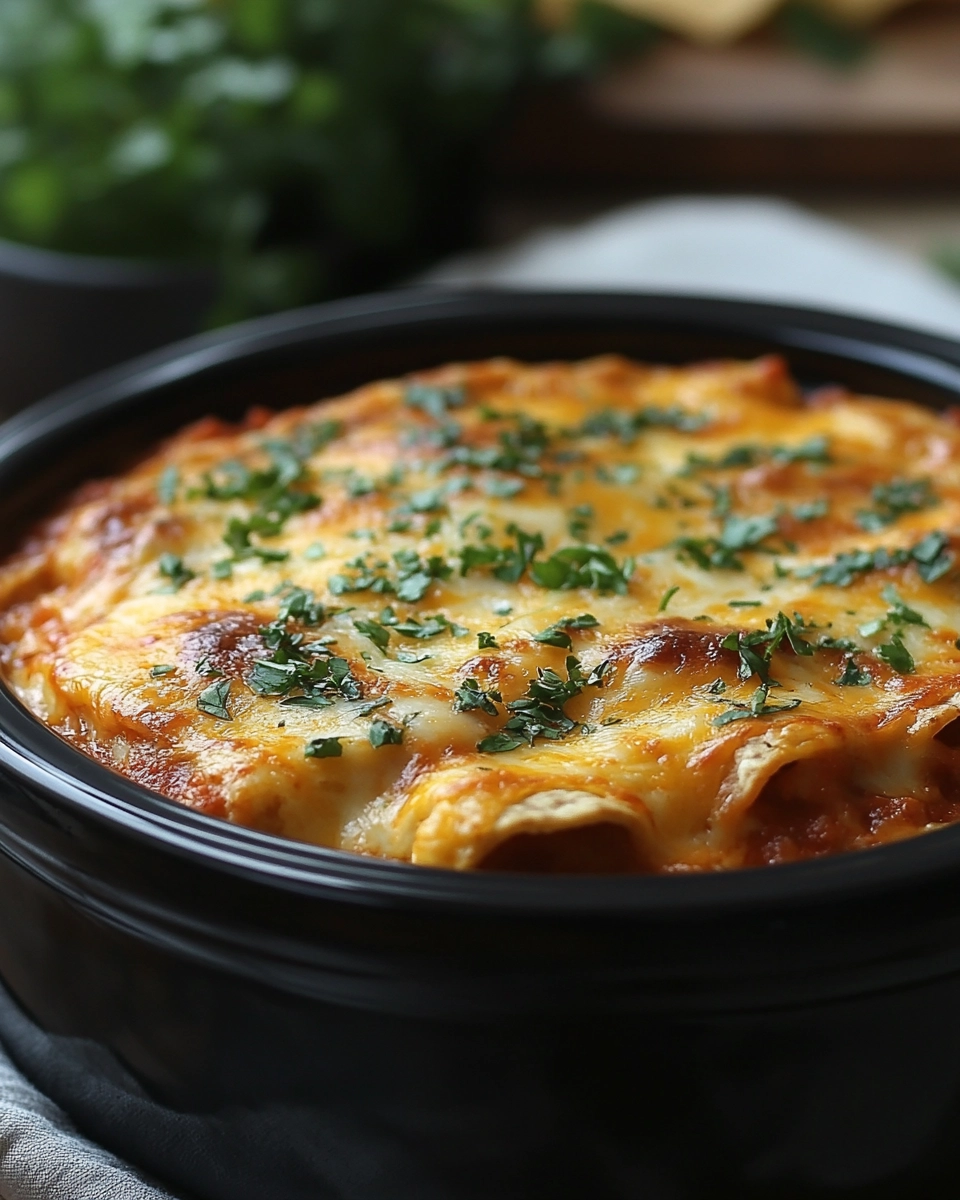 Cheesy casserole in a slow cooker with melted cheese, fresh herbs, and layers of tortillas and red sauce.