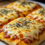 Close-up of cheesy rectangular mini pizzas with golden crusts and melted mozzarella on a white tray